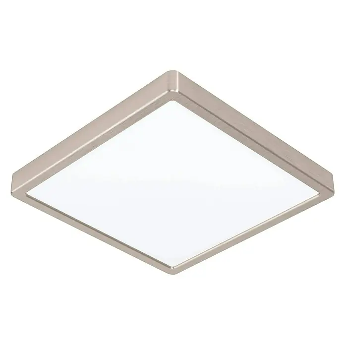 Eglo Fueva 5 LED-Deckenleuchte - 20 W, 28,5 x 28,5 x 2,8 cm, Nickel-matt, Neutralweiß - Nahaufnahme einer quadratischen Deckenleuchte mit gebürstetem Nickelrahmen und weißem Diffusor vor schwarzem Hintergrund.