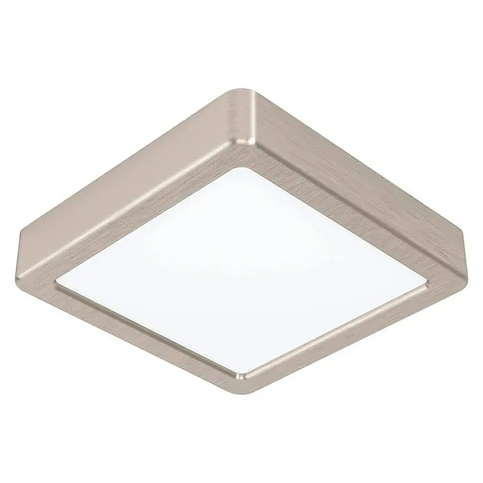 Eglo Fueva 5 LED-Deckenleuchte - 10,5 W, 16 x 16 x 2,8 cm, Nickel-matt, Neutralweiß - Nahaufnahme einer quadratischen, gebürsteten Nickel-Deckenleuchte mit einem hellen, weißen Diffusor vor einem schwarzen Hintergrund.