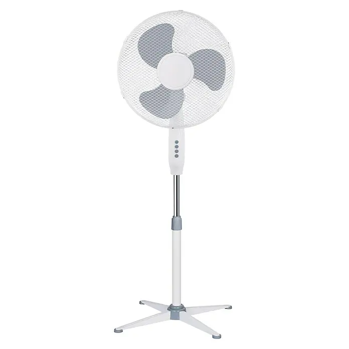 Ventilador de pie con altura regulable - Blanco, 40 cm, 125 cm - Una imagen detallada de un ventilador de pie blanco, que muestra su diseño moderno y la combinación de colores limpios. El ventilador refresca el ambiente.