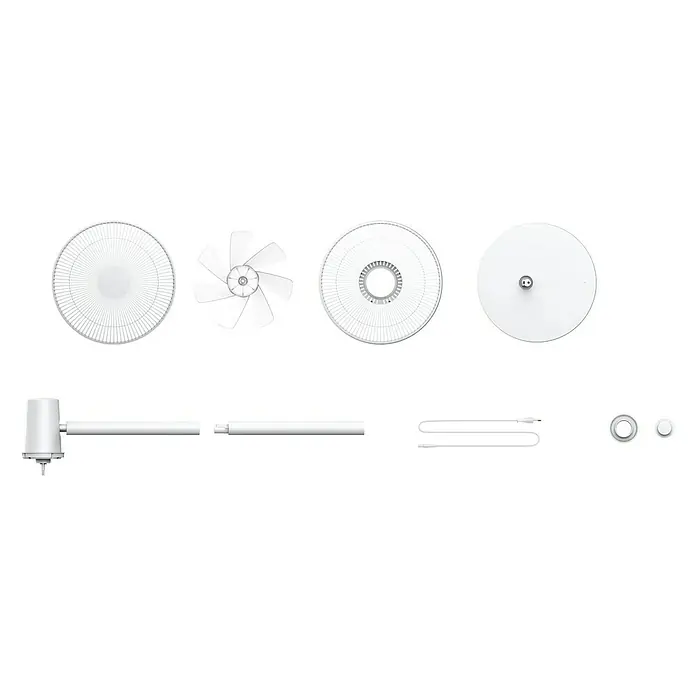 Xiaomi Ventilador de pie Smart Fan 2 - Blanco, 35,5 cm, 1.000 mm - Se muestran los componentes de un ventilador blanco sobre un fondo negro, incluidas las aspas, las cubiertas y los soportes.