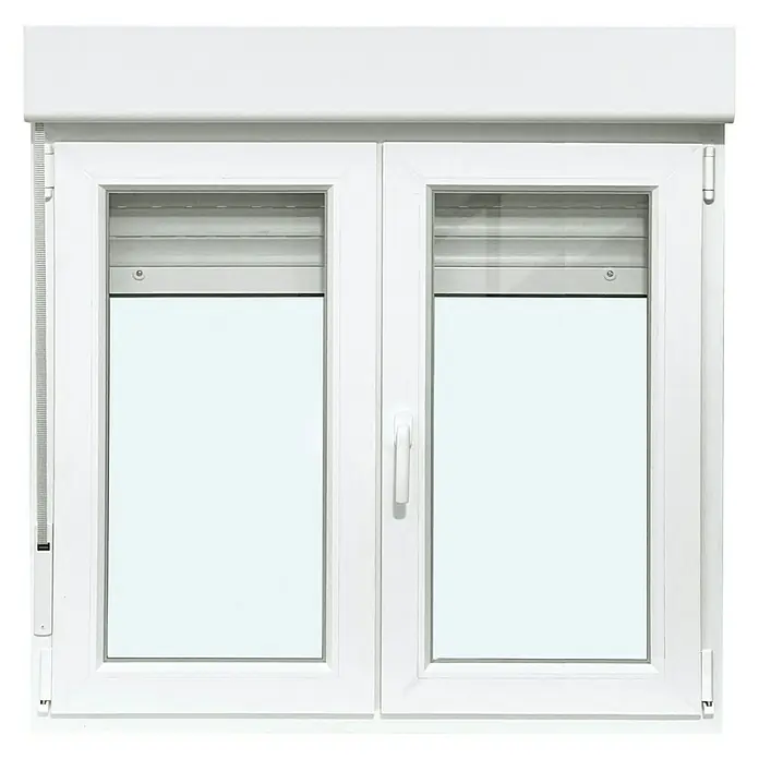 Solid Elements Ventana de PVC practicable-oscilobatiente - 125 x 115,5 cm, Derecha, Blanco - Primer plano de un marco de ventana blanco con persianas enrollables, ofreciendo diseño moderno y funcionalidad para tu hogar.