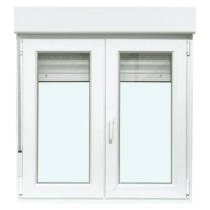 Solid Elements Ventana de PVC practicable-oscilobatiente - 105 x 115,5 cm, Derecha, Blanco - Primer plano de una ventana de PVC blanca con persiana enrollable, que ofrece diseño moderno y funcionalidad para cualquier hogar.