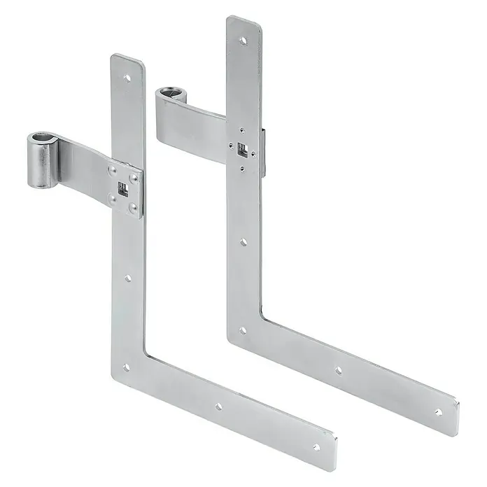 Stabilit Fensterladen-WinkelbandL x B x H: 30 x 200 x 250 mm, Rechts - Abgebildet sind zwei robuste, verzinkte T-Scharniere, ideal für schwere Türen und Tore. Die Scharniere bieten Stabilität und langlebige Leistung.