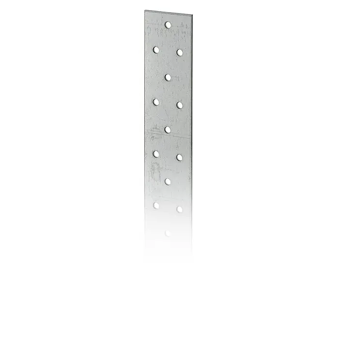 Stabilit Cinta perforada - 50 m x 40 mm, Zincado - Un poste delgado y plateado con orificios espaciados regularmente, ideal para construcciones o montajes. Robusto y versátil para diversas aplicaciones.