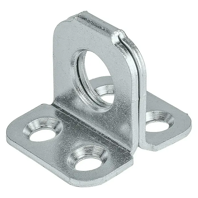 Stabilit Ösenplatte - L x B: 42 x 45 mm, Verzinkt - Ein silberner, rechtwinkliger Winkelverbinder mit mehreren Löchern zur Befestigung, ideal für Holz- oder Metallkonstruktionen.