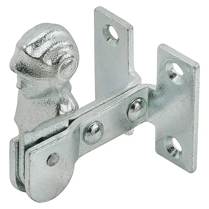 Stabilit Fensterladen-Feststeller - L x B: 46 x 46 mm, Verzinkt - Detailansicht eines silbernen Türriegels mit Frauenkopf und Befestigungsplatten auf schwarzem Hintergrund.
