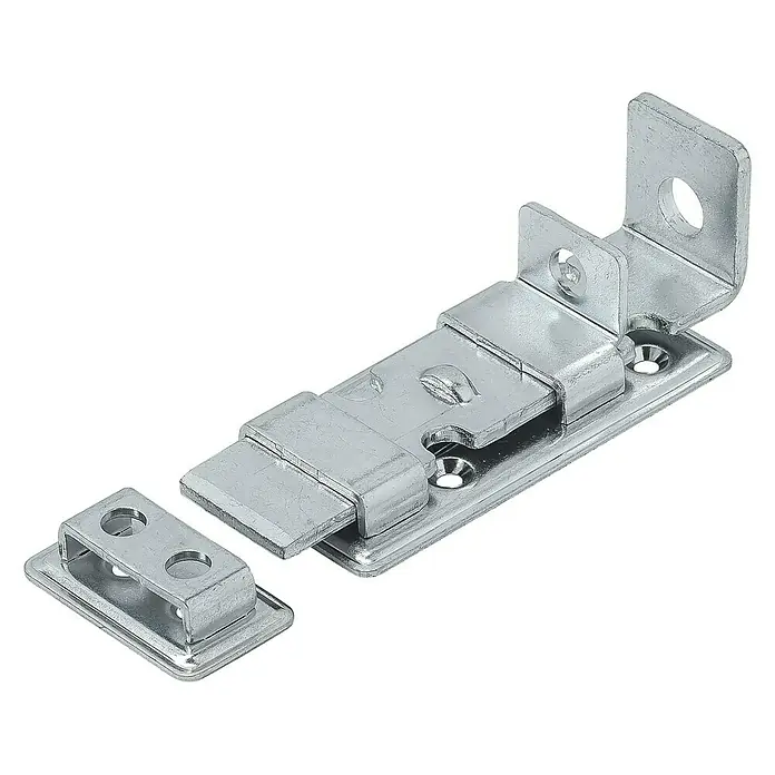 Stabilit Schieberiegel - L x B: 120 x 48 mm, Stahl, Verzinkt - Ein silberner Schubriegel mit Montagewinkel und Befestigungslöchern auf schwarzem Hintergrund.