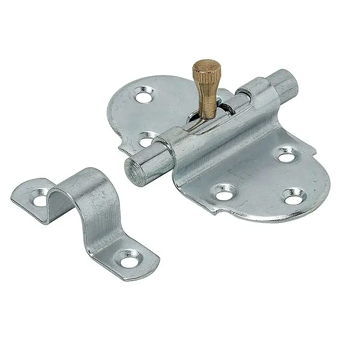 Vormann Feder-Grendelriegel - Länge: 82 mm, Breite: 40 mm, Material: Stahl - Nahaufnahme eines Drehriegels mit Knebelgriff und Gegenstück. Der Riegel ist aus Metall gefertigt und glänzt silberfarben.