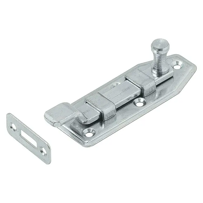 Stabilit Fensterriegel - L x B: 80 x 30 mm, Verzinkt - Ein silberner Türriegel mit einem Schieber und einer Befestigungsplatte auf einem schwarzen Hintergrund.