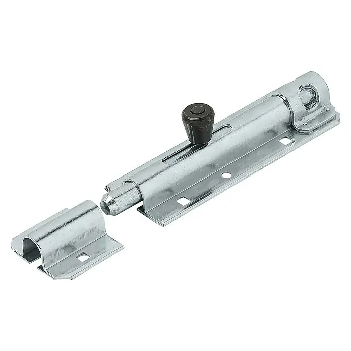 Stabilit Bolzenschließriegel - L x B: 130 x 43 mm - Ein silberner Riegel mit schwarzem Drehknopf, der auf einem schwarzen Hintergrund liegt.