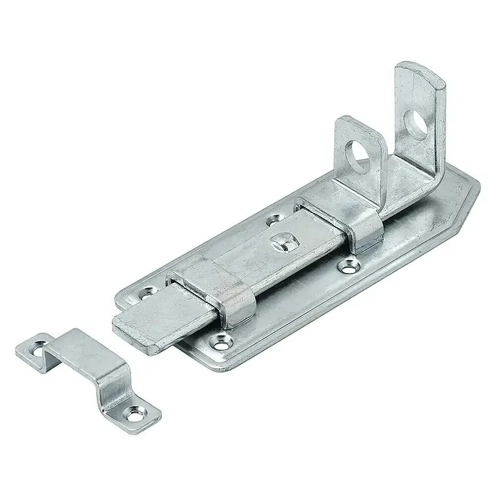 Stabilit Schieberiegel - 140 x 56 mm - Nahaufnahme eines silbernen, unbenutzten Türriegels vor schwarzem Hintergrund.