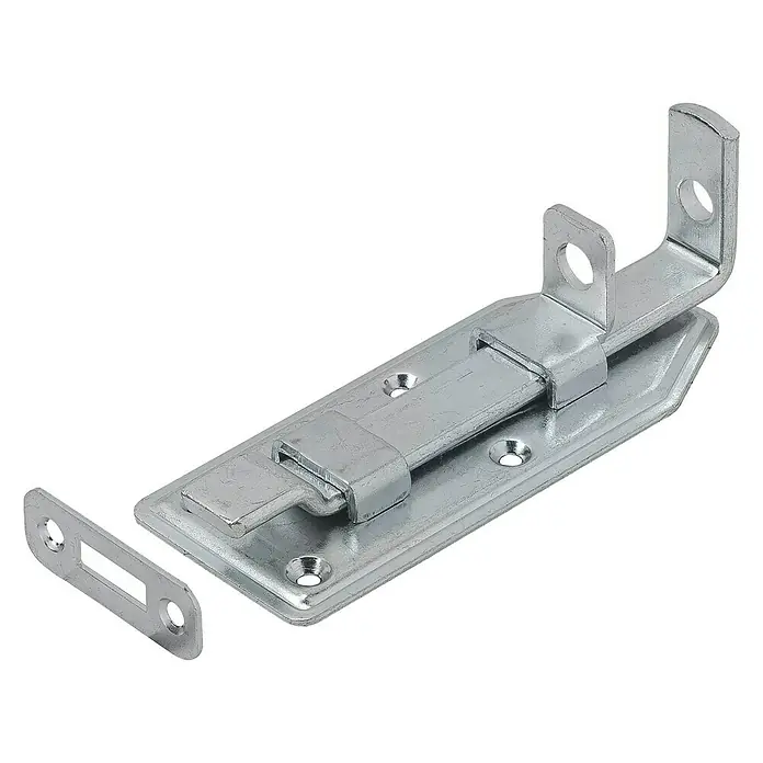 Vormann Schieberiegel - L x B: 100 x 40 mm, Verzinkt - Ein silberner Riegel mit einem Haken und einer länglichen Platte für zusätzliche Sicherheit an Türen und Toren.