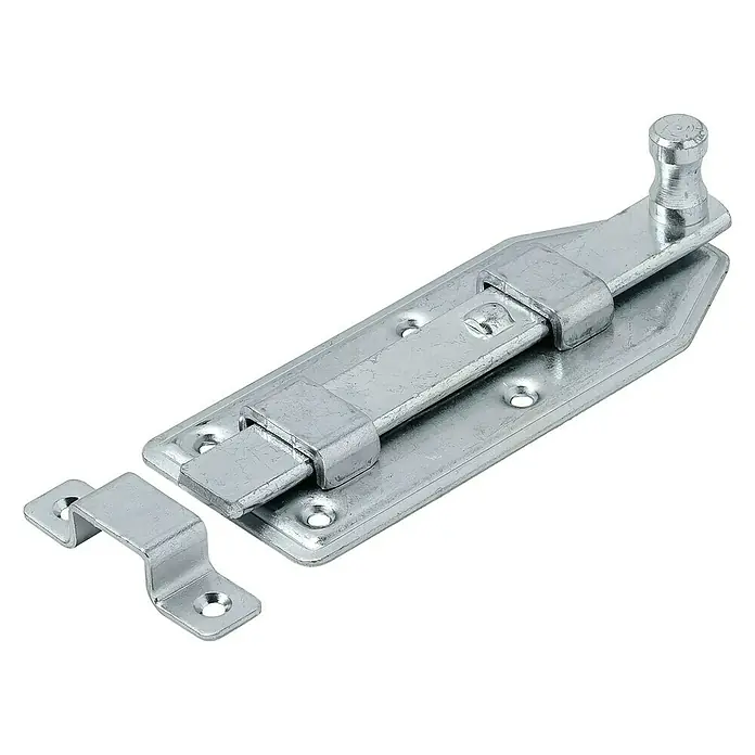 Stabilit Türknopfriegel - L x B: 100 x 50 mm, Stahl - Ein silberfarbener Schubriegel mit Montageplatte und U-förmigem Gegenstück auf schwarzem Hintergrund.