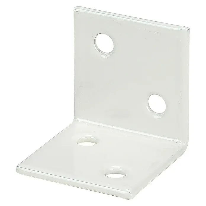 Stabilit Breitwinkel - 40 x 40 mm, Weiß, Stahl, 4 Löcher - Ein weißer Winkelverbinder aus Metall mit Bohrlöchern zur Befestigung. Ideal für Möbelbau und Heimwerkerprojekte.