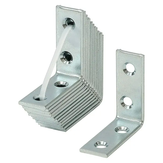 Stabilit Escuadra de silla - L x An x Al: 80 x 18 x 80 mm, 8 ud., Acero - Ángulos metálicos con orificios para su fijación. Los ángulos están apilados y unidos con una brida. Un solo ángulo está al lado.