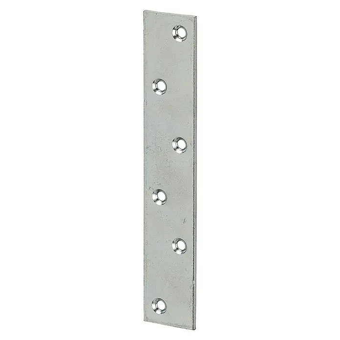 Stabilit Verbindungsblech - L x B: 190 x 35 mm - Eine silberne Metallschiene mit sechs Nietlöchern, die zur Befestigung und Verbindung von Bauteilen dient.
