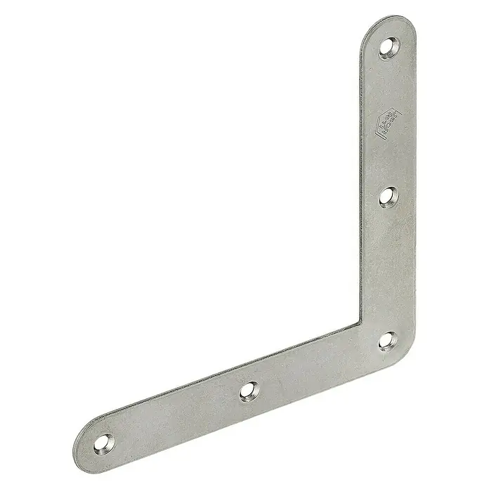 Stabilit Eckwinkel - L x B x H: 120 x 20 x 120 mm, Edelstahl, Silber - Metallwinkelverbinder mit Löchern auf schwarzem Hintergrund. Ideal für Holzkonstruktionen und Möbelbau.