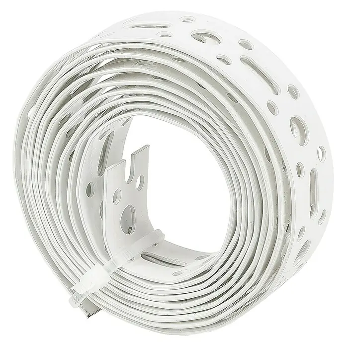 Stabilit Montageband 1,5 m - B x L: 20 mm x 1,5 m, Stärke: 1 mm - Ein aufgerolltes, perforiertes Montageband in Weiß, ideal für verschiedenste Befestigungsarbeiten. Die Löcher erleichtern die individuelle Anpassung.