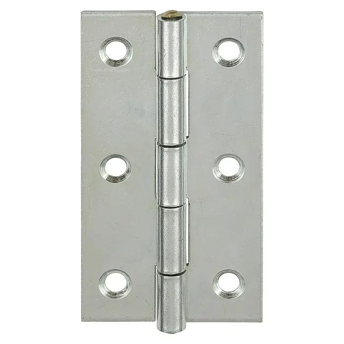 Stabilit Scharnier - L x B: 25 x 20 mm, Material: Stahl - Nahaufnahme eines silbernen Türbandes mit Scharnierstift und sechs Schraubenlöchern.