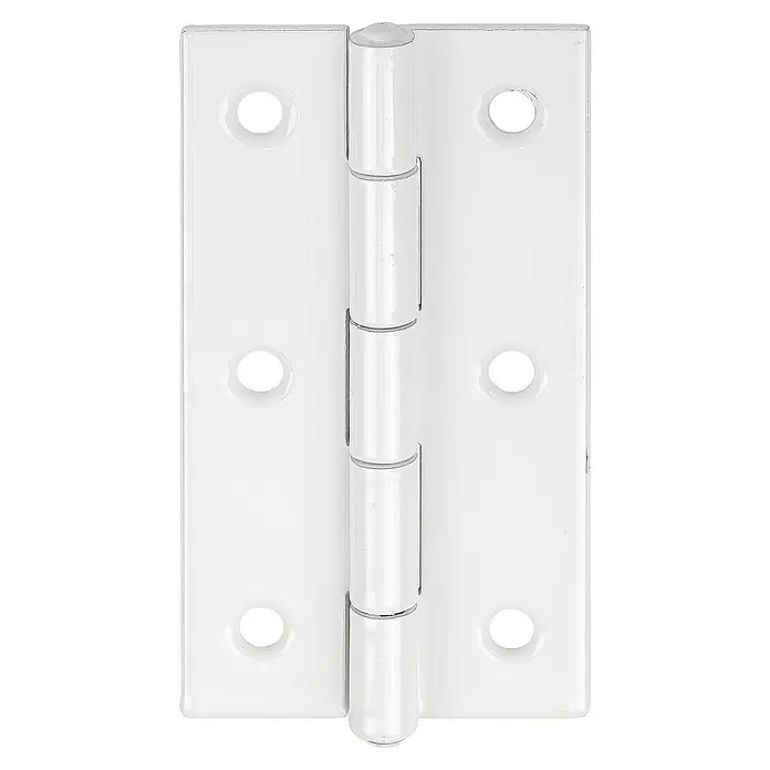 Stabilit ScharnierL x B: 60 x 34 mm, Stahl - Nahaufnahme eines weißen Türscharniers mit abgerundeten Kanten und sechs Schraubenlöchern, ideal für Innentüren.