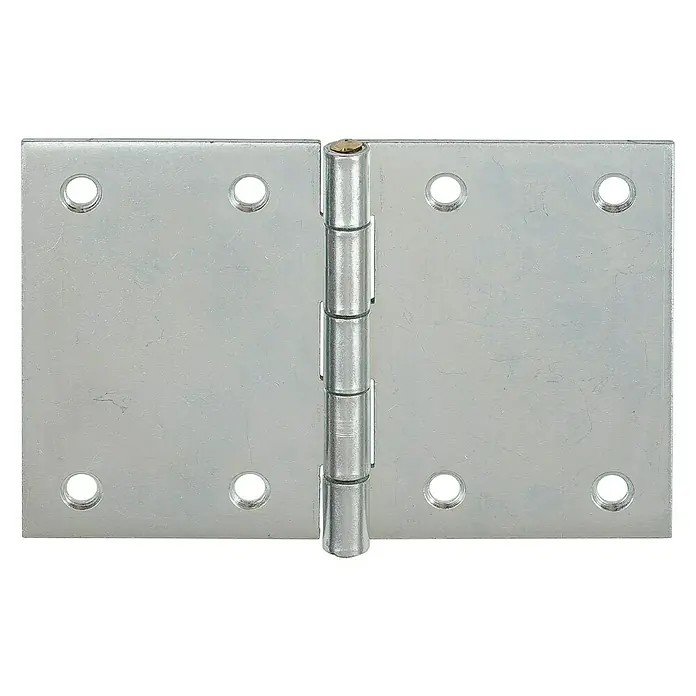 Stabilit Scharnier - Stahl, B x L: 45 x 30 mm - Nahaufnahme eines silbernen Türscharniers mit acht Löchern zur Befestigung an einer Tür oder einem Rahmen.