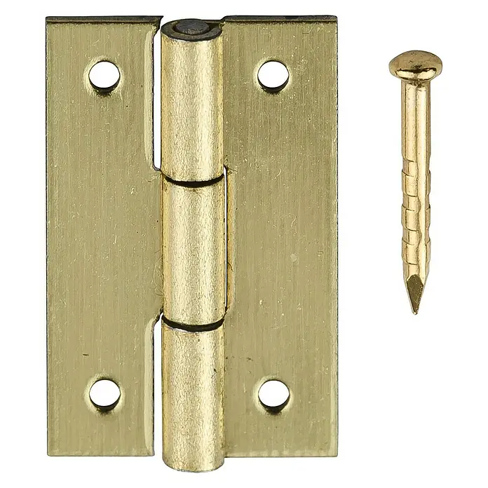 Stabilit Schatullenscharnier - L x B: 16 x 12 mm, Material: Stahl - Nahaufnahme eines Messingtürscharniers und eines passenden Nagels auf schwarzem Hintergrund.
