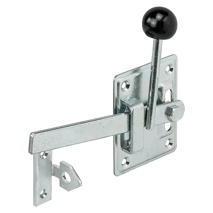 Stabilit Gartentorfalle - L x B: 165 x 100 mm, Stahl - Eine silberfarbene Riegelstange mit schwarzem Griff für die Tür- oder Torverriegelung, ideal für den Einsatz im Außenbereich. Robuste Bauweise für Sicherheit.