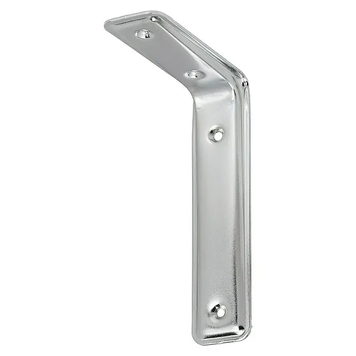 Stabilit Escuadra de estantería Design 3F - 160 x 40 x 105 mm, Carga soportada: 30 kg, Cromo - Un soporte angular cromado brillante con orificios de montaje que se muestra sobre un fondo negro.