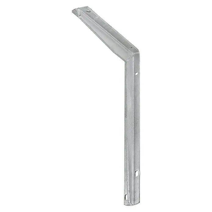 Stabilit T-Profil KonsoleL x B x H: 300 x 30 x 250 mm, Feuerverzinkt - Detailaufnahme einer grauen Winkelschiene aus Metall mit Schraubenlöchern zur Befestigung von Regalen oder anderen Konstruktionen.