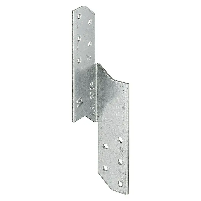Stabilit Sparrenpfettenanker - L x B x H: 33 x 33 x 210 mm, DIN Anschlag: Links - Ein silberner Balkenschuh mit Löchern für Schrauben, der zur sicheren Verbindung von Holzbalken im Bauwesen verwendet wird.