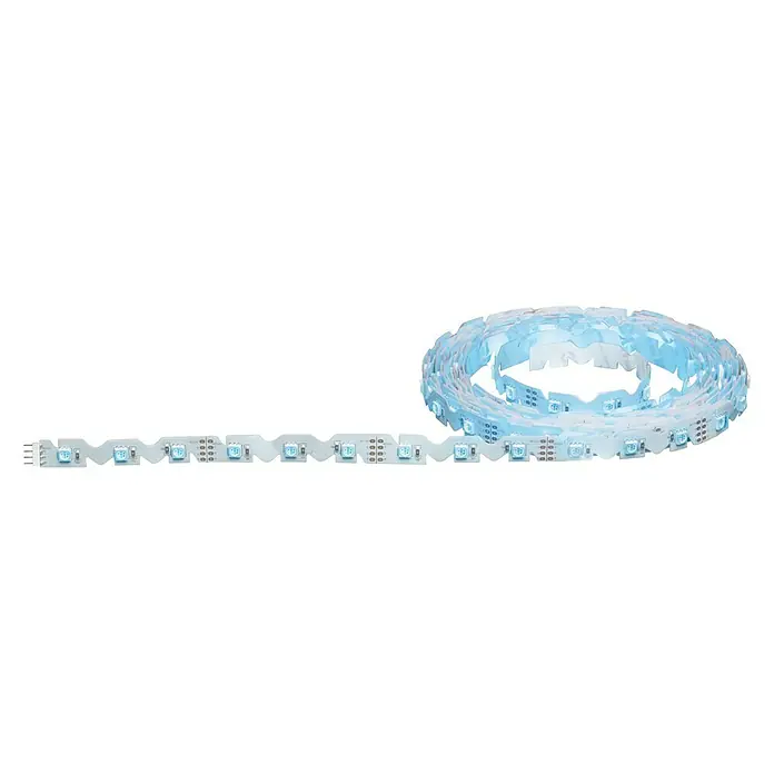 Paulmann LED-Band Function FlexLED - Länge: 5 m, Lichtfarbe: RGB, 26 W - Nahaufnahme eines aufgerollten LED-Streifens, der blaues Licht ausstrahlt und auf einem schwarzen Hintergrund liegt. Perfekt für Akzentbeleuchtung.