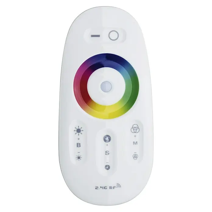 Paulmann MaxLED Controller Function MaxLED - B x H: 110 x 20 mm, Weiß - Nahaufnahme einer weißen Fernbedienung mit Farbkreis, Helligkeits-, Geschwindigkeits- und Moduseinstellungen zur Steuerung von LED-Leuchten.