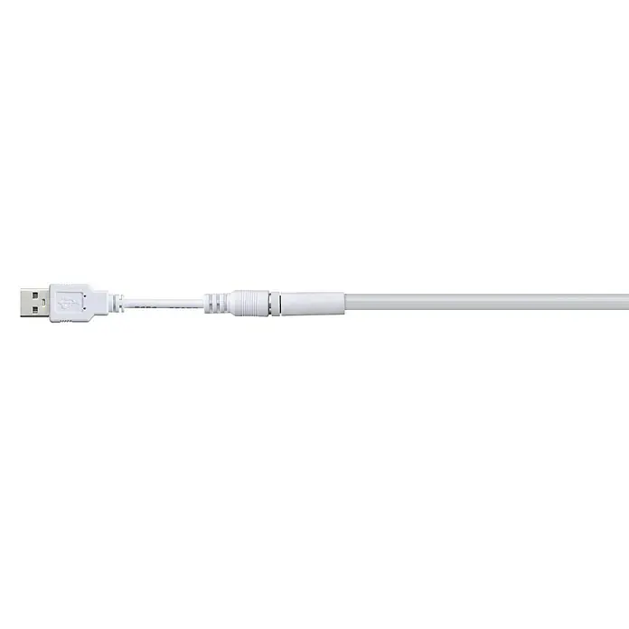Paulmann LED-Band Neon Colorflex USB Strip - Länge: 1 m, Lichtfarbe: Blau - Ein weißes USB-Kabel liegt vor einem schwarzen Hintergrund. Das Kabel ist ein Standard-USB-A-Stecker mit einem runden, weißen Kabelende.