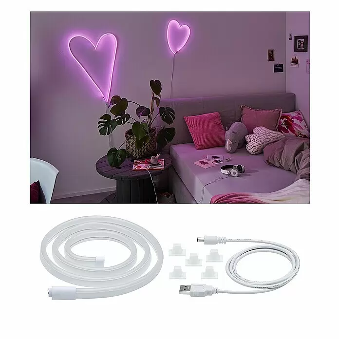 Paulmann LED-Band Neon Colorflex USB Strip - Länge: 1 m, Lichtfarbe: Sonstige, 4,5 W - Flexibler weißer LED-Neonlichtstreifen, der pinke Herzformen an einer Schlafzimmerwand bildet. Inklusive gewickeltem Streifen, Clips und USB-Kabel.