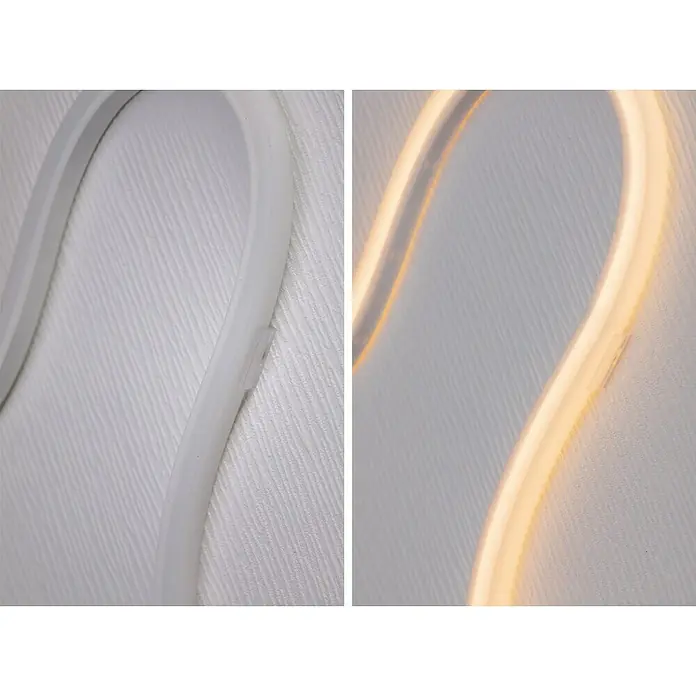 Paulmann MaxLED LED-Band Flow Basisset - Länge: 1,5 m - Nahaufnahme eines flexiblen Neonlichtstreifens, der sowohl im ausgeschalteten als auch im eingeschalteten Zustand gezeigt wird und seine Vielseitigkeit hervorhebt.
