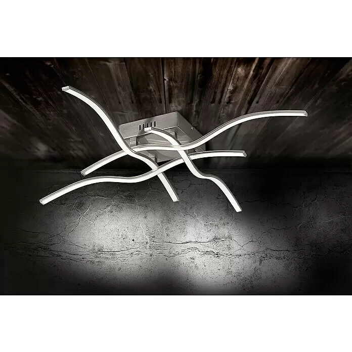 Just Light Wave LED-Deckenleuchte - 28,8 W, L x B x H: 78 x 78 x 10 cm, Stahl, Warmweiß - Moderne silberne LED-Deckenleuchte mit wellenförmigen, beleuchteten Armen, an einer Decke montiert.