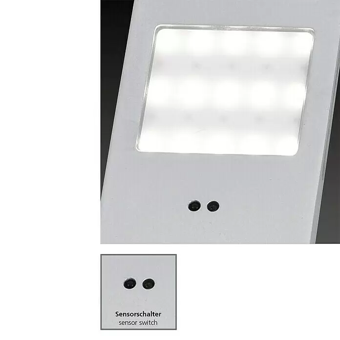 Paul Neuhaus LED-Unterbauleuchten-Set - 6 W, Länge: 190 mm, Warmweiß, Gebürstet, 3 Stk. - Silberfarbene LED-Lampe mit mehreren weißen LEDs und zwei schwarzen Sensorpunkten für den Sensorschalter.