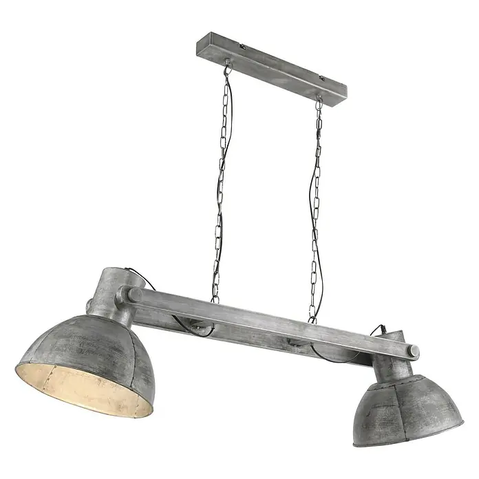 Just Light Samia Pendelleuchte - L x B x H: 122 x 30 x 120 cm - Eine Pendelleuchte im Industriestil mit zwei Lampenschirmen aus Metall, die an Ketten von einer Halterung hängen.