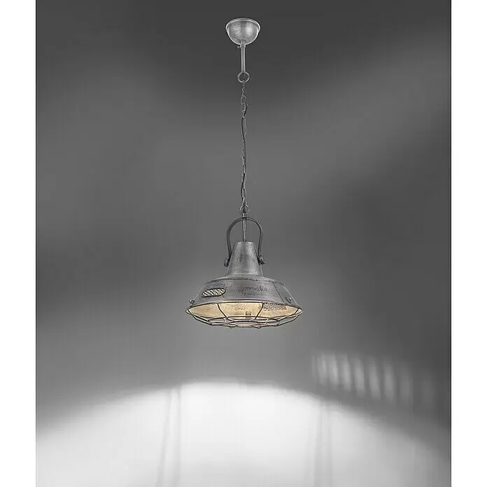 Just Light Samia Pendelleuchte - Ø x H: 380 mm x 120 cm - Industrielle Pendelleuchte aus grauem Metall mit Kettenaufhängung und Schutzgitter, das Licht nach unten wirft.