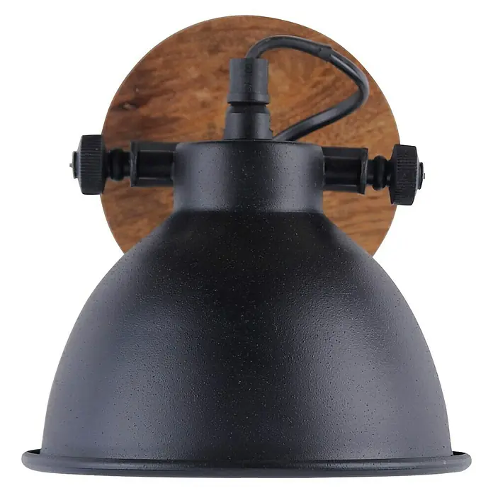 Just Light Samia Foco de pared - 40 W, L x An x Al: 22,5 x 15,5 x 15,5 cm, Negro, E14 - Primer plano de una lámpara de pared industrial con pantalla metálica negra y panel posterior de madera.