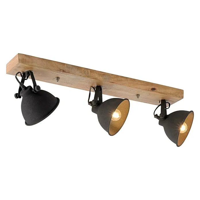 Just Light Samia Regleta - 120 W, L x An x Al: 74 x 15 x 22,5 cm, Marrón, E14 - Un foco de techo rústico con tres pantallas negras mate ajustables montadas sobre una base de madera, que proporciona una luz ambiental cálida.