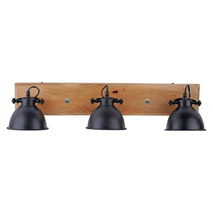 Just Light Samia Regleta - 120 W, L x An x Al: 74 x 15 x 22,5 cm, Marrón, E14 - Lámpara de pared de tres luces con base de madera y pantallas metálicas negras para un estilo industrial.
