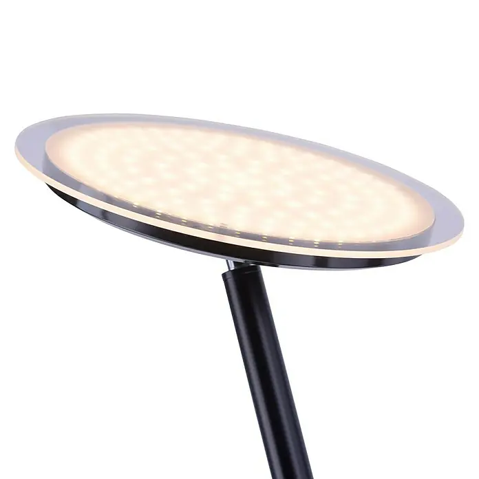 Just Light LED-Stehleuchte Hans - Höhe: 1,81 m - Nahaufnahme einer modernen LED-Lampe mit kreisförmigem Design und minimalistischem schwarzen Ständer. Die Lampe strahlt helles, warmes Licht aus.
