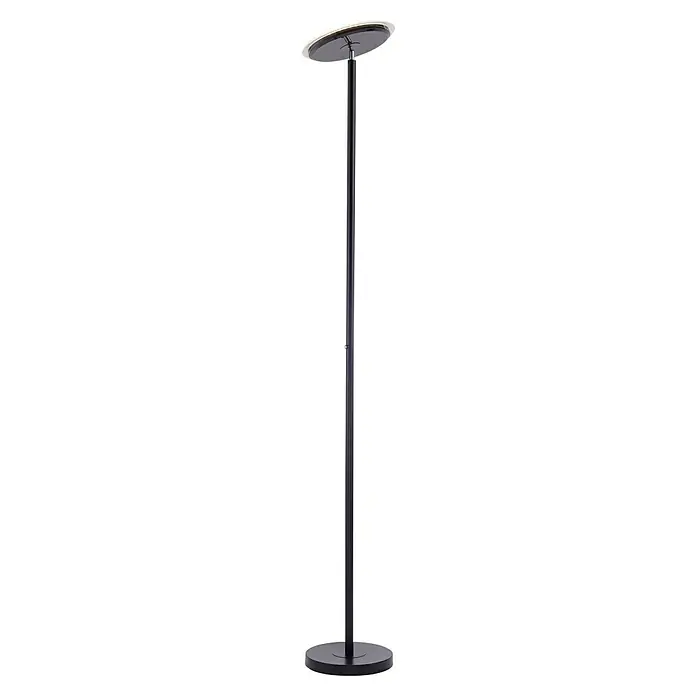 Just Light Lámpara de pie LED - Altura: 1,81 m - Una lámpara de pie con una pantalla redonda y un soporte elegante y oscuro. La luz emite un suave resplandor hacia arriba.
