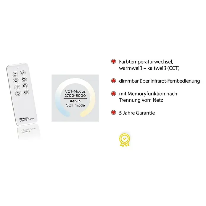 Just Light LED-Deckenleuchte Iven - 40,5 W, L x B x H: 53 x 53 x 7 cm, Schwarz, Warmweiß - Produktbild einer Neuhaus Lighting Group Fernbedienung mit Funktionen wie Farbtemperaturwechsel und Dimmbarkeit.