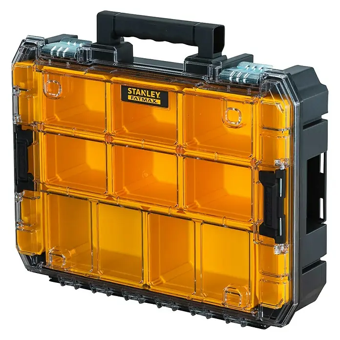 Stanley FatMax Kleinteilekoffer PRO-STACK™ - B x T x H: 337 x 440 x 119 mm, Anzahl Fächer: 10 Stk. - Stanley Fatmax Organizer-Box: Transparente Box mit gelben Fächern und schwarzem Griff für die Aufbewahrung von Werkzeugen und Zubehör.