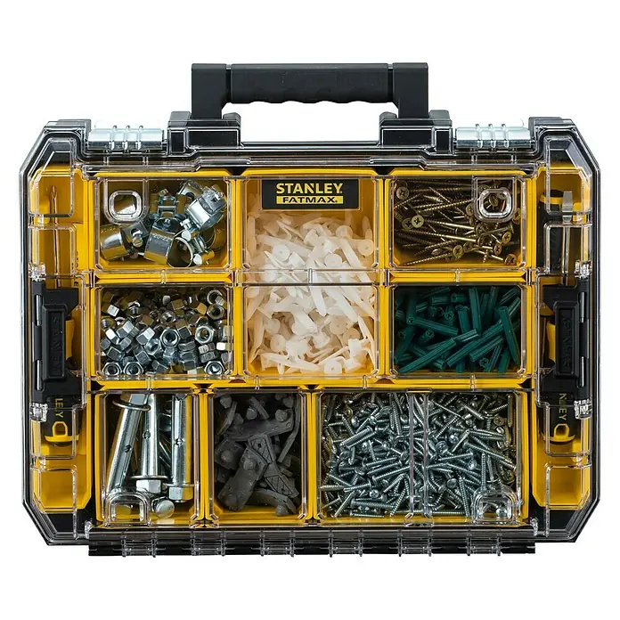 Stanley FatMax Kleinteilekoffer PRO-STACK™ - B x T x H: 337 x 440 x 119 mm, Anzahl Fächer: 10 Stk. - Stanley Fatmax Sortierkasten mit transparentem Deckel und gelben Einsätzen, gefüllt mit Schrauben, Muttern und Befestigungsmaterial.