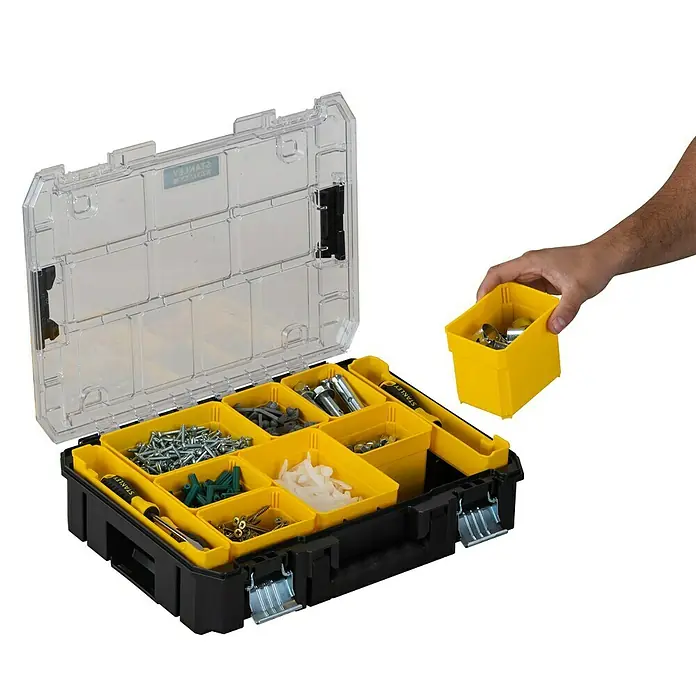 Stanley FatMax Kleinteilekoffer PRO-STACK™ - B x T x H: 337 x 440 x 119 mm, Anzahl Fächer: 10 Stk. - Der Stanley Sortierkasten mit transparentem Deckel und gelben Einsätzen, ideal zur Aufbewahrung von Werkzeugen und Kleinteilen.