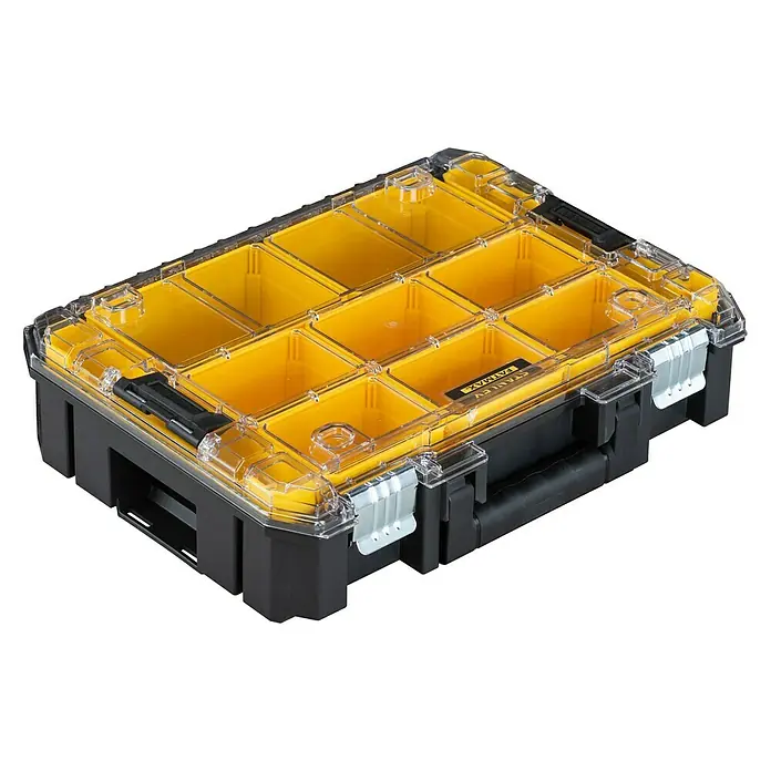 Stanley FatMax Estuche para piezas pequeñas Pro-Stack™ FMST82967-1 - An x Pr x Al: 337 x 440 x 119 mm, Número de compartimentos: 10 ud. - Caja de herramientas organizadora Stanley Fatmax con tapa transparente y compartimentos amarillos para facilitar el almacenamiento.