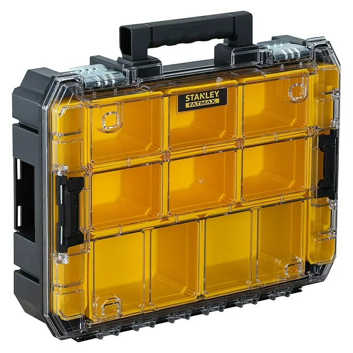 Stanley FatMax Estuche para piezas pequeñas Pro-Stack™ FMST82967-1 - An x Pr x Al: 337 x 440 x 119 mm, Número de compartimentos: 10 ud. - Organizador Stanley Fatmax con compartimentos amarillos, ideal para taller y hobby. Almacenamiento robusto y claro para piezas pequeñas.